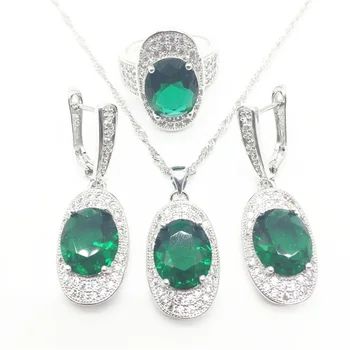 

Round Green zircon 925 silver costume jewelry sets women necklace bracelet earrings with stones rings set jewelery