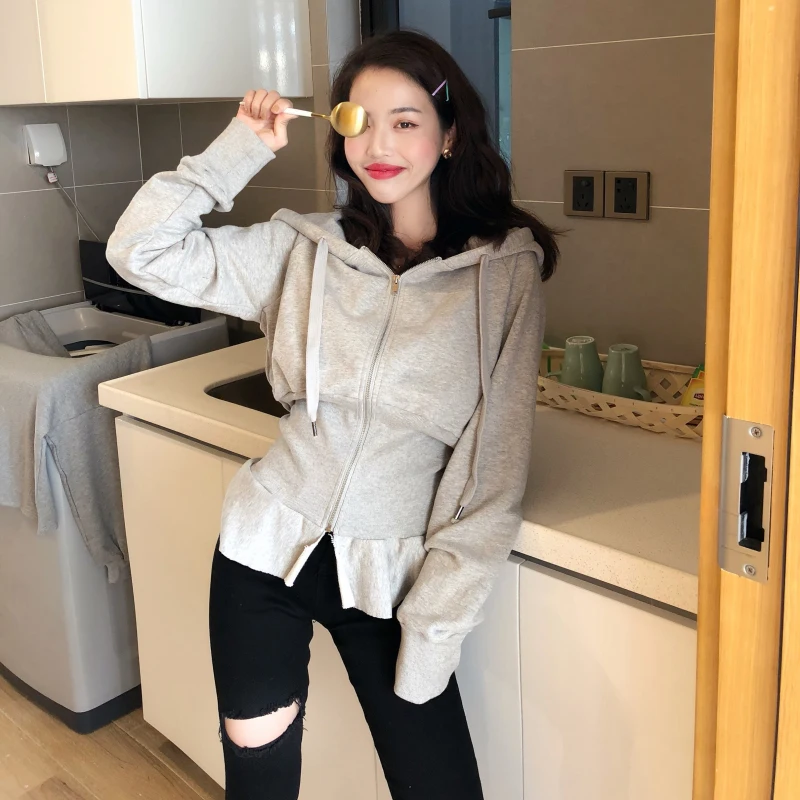 

2019 Spring Fashion Streetwear Ruffles Zipper Hoodies Elastic Waist Slim Women Hooded Sweatshirt Zip-up Sweatshirts Gray Black