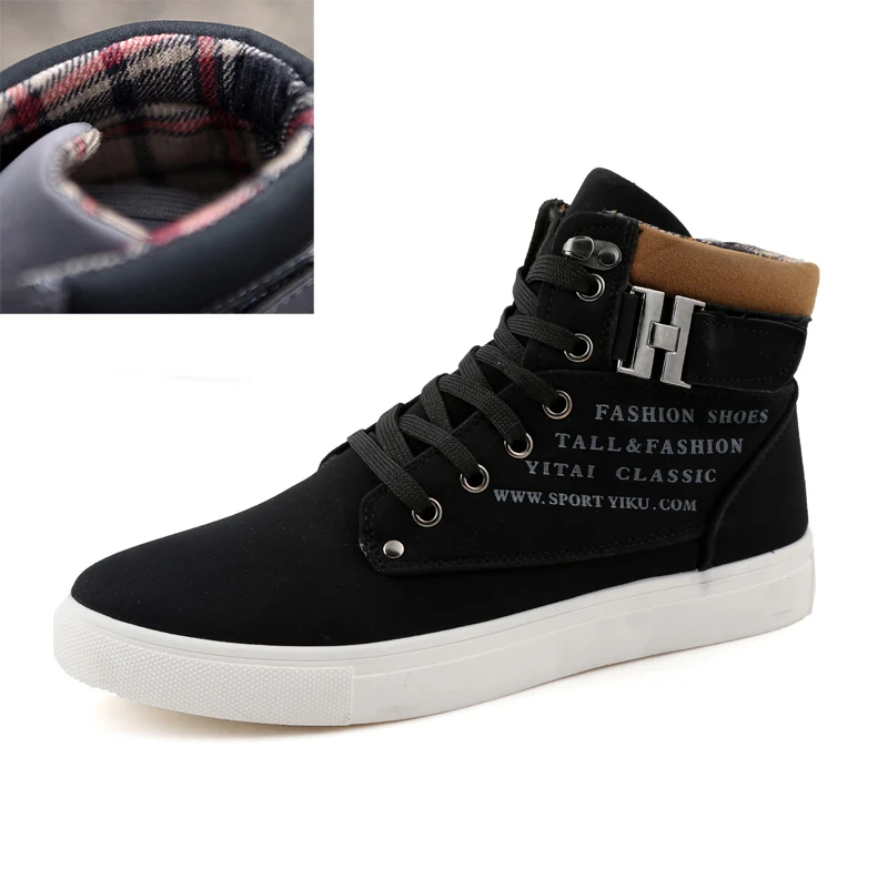 Hot Men Boots Fashion Warm Winter Men shoes Autumn Leather Footwear For Man New High Top Canvas Casual Shoes Men - Color: black No Plush