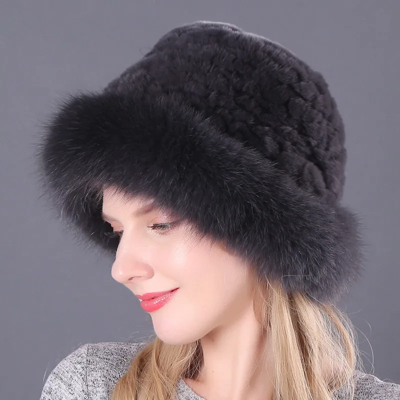 Женские модные шапки, настоящий мех кролика, вязаные шапки, шапка с натуральным лисьим мехом, женская меховая шапка, однотонная зимняя русская теплая шапка, L - Цвет: color7