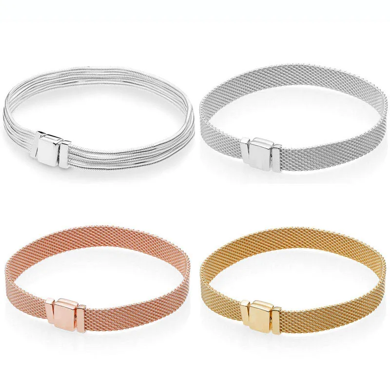 

Rose Gold Silver Shine Woven Mesh Reflexions Multi Snake Bracelet Fit Pandora Bangle 925 Sterling Silver Bead Charm Diy Jewelry