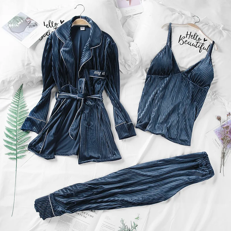

Fashion Gold Velvet 3 Peices Warm Pajamas Set Women Sexy Lace Sling Pajamas Winter Sleepwear Long Sleeves Nightwear