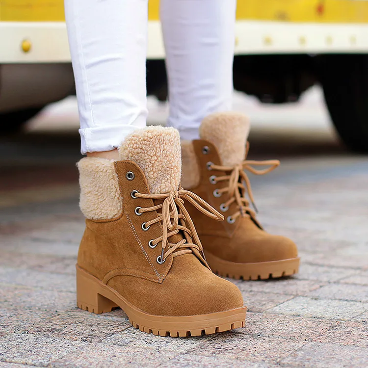 

Women's Plush Padded Thich Heel High Heels Ankle Boots Shoes England Lady Lace Up Winter Warm Short Martin Boots Size 34-43