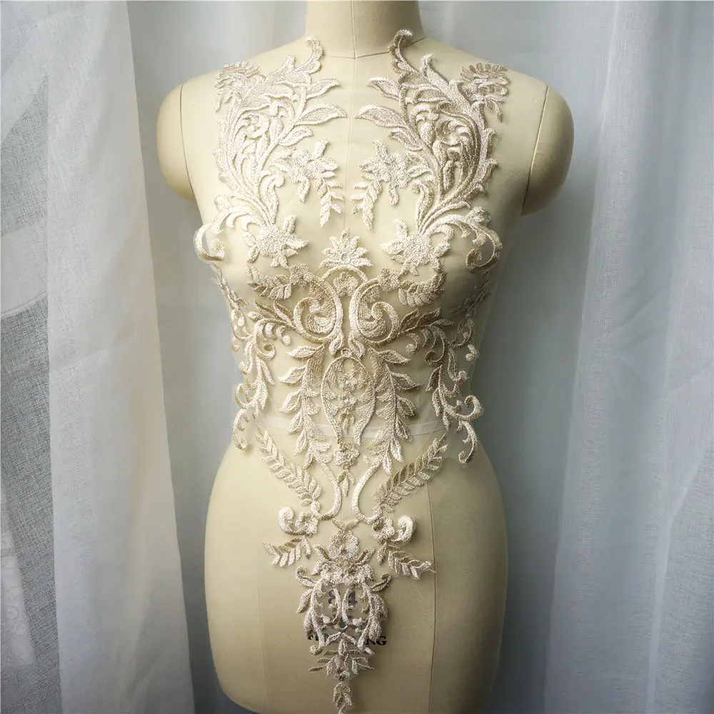 

Gold Thread Flower Flora Wedding Gown Appliques Embroidered Lace Trims Fabric Collar Mesh Sew Patch For Dress DIY Decoration