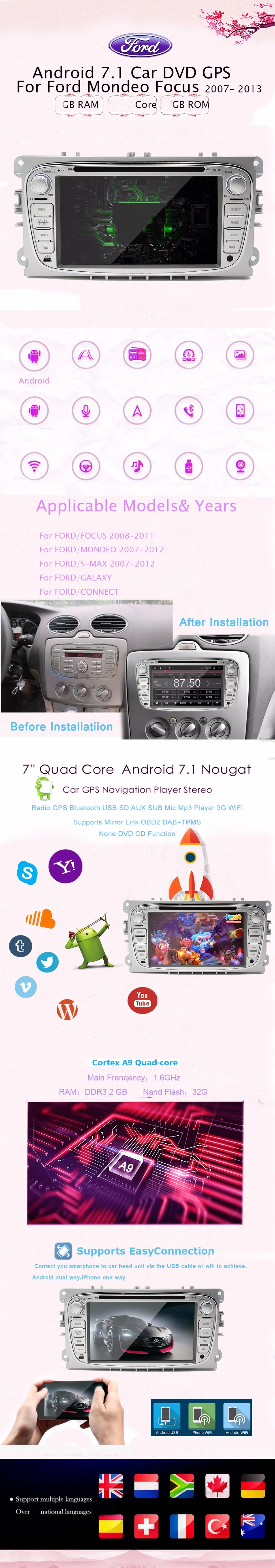 Clearance 2017 Dual-Core CPU Cortex A9 GHz Pure Android 7.1. Car DVD GPS For Ford Mondeo S-max Focus car rado for Ford mondeo 0