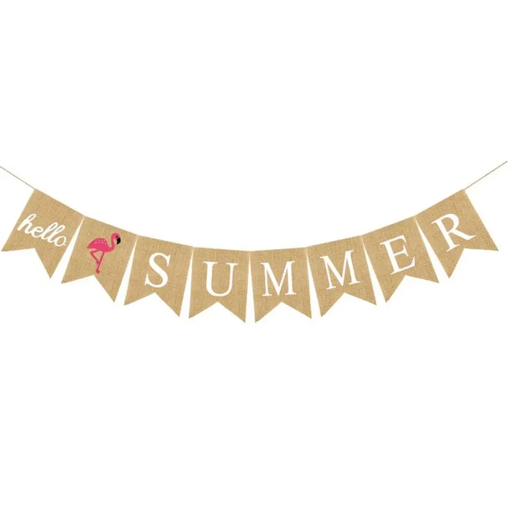 

Jute Burlap Hello Summer Banner with Flamingo Mantel Fireplace Decoration