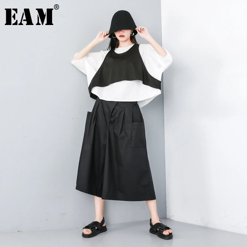 

[EAM] 2019 New Autumn Winter Round Neck Three-quarter Sleeve Black Loose Wide Leg Pants Three Piece Suit Women Fashion JW100