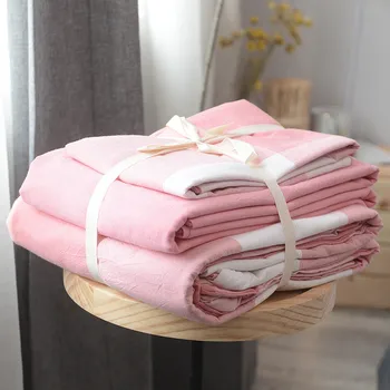 

Japanese style 100% cotton wash cotton 3/4pcs bedding sets(duvet cover+flat sheet+pillowcase)pink big plaid