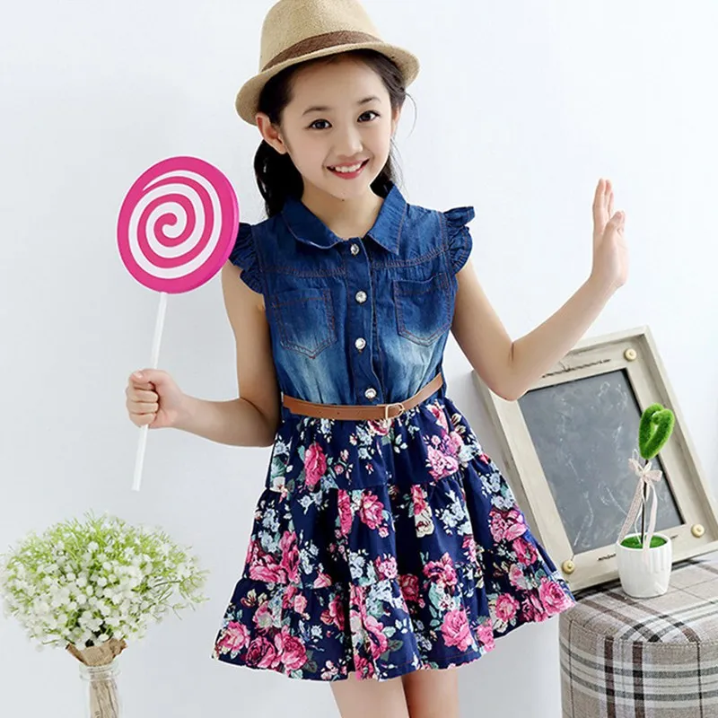 

Fashion Girls Denim Dress Baby 2019 Summer Soft Cotton Dresses Girls Sleeveless Floral Dresses with Belt Kids Dress-style Blouse