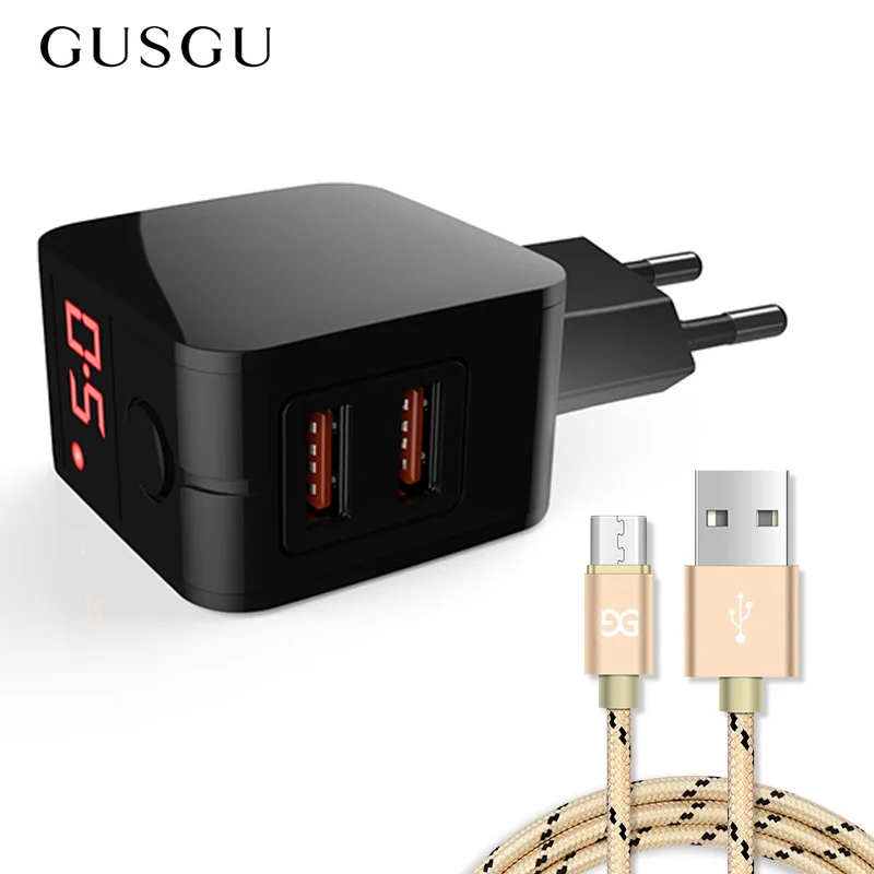 

GUSGU Micro USB Cable for Samsung Galaxy S7 Edge Huawei Xiaomi with LED Display Dual USB Charger Adapter Travel Charger EU Port