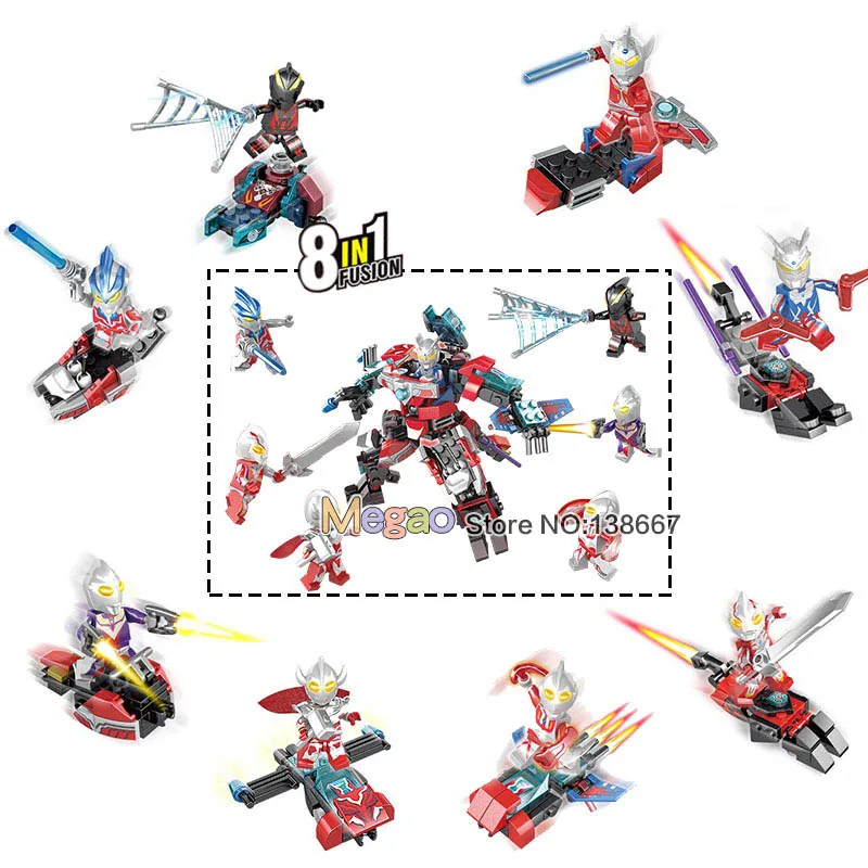 

8PCS UItraman Anime 8 IN 1 Action Legoings Figures Zoffy Tiga Orb Geed with Equipment Building Blocks Bricks Toys for Children