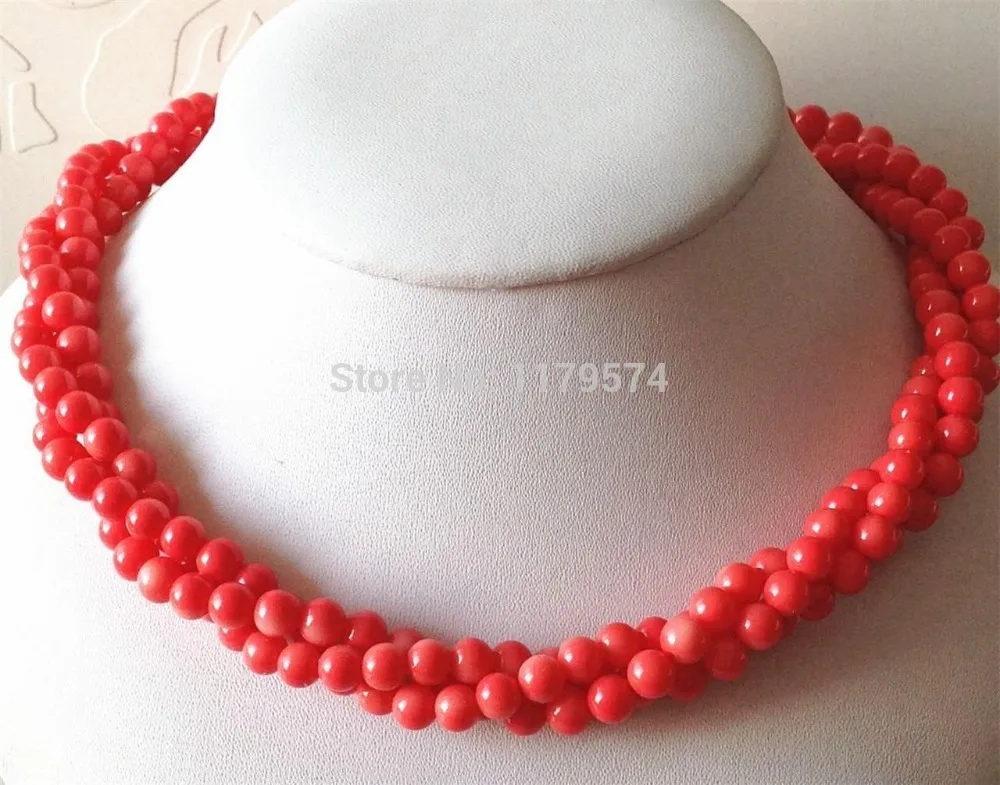 

wholesale song Lady's Natural Exquisite 6mm 3 rows of pink coral necklace 18'' Bridal Jewelry Crystal Women free shipping