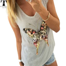 2018 Summer T Shirts for Women 3D Sequined Butterfly Short Sleeve Grey T Shirt Kawaii Womens Clothing Summer Tops Cute Tees