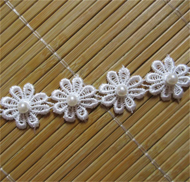 

2Meter 25mm White Pearl Daisy Flower Lace Edge Trim Ribbon Fabric Embroidered Applique Sewing Craft Wedding Bridal Dress Clothes