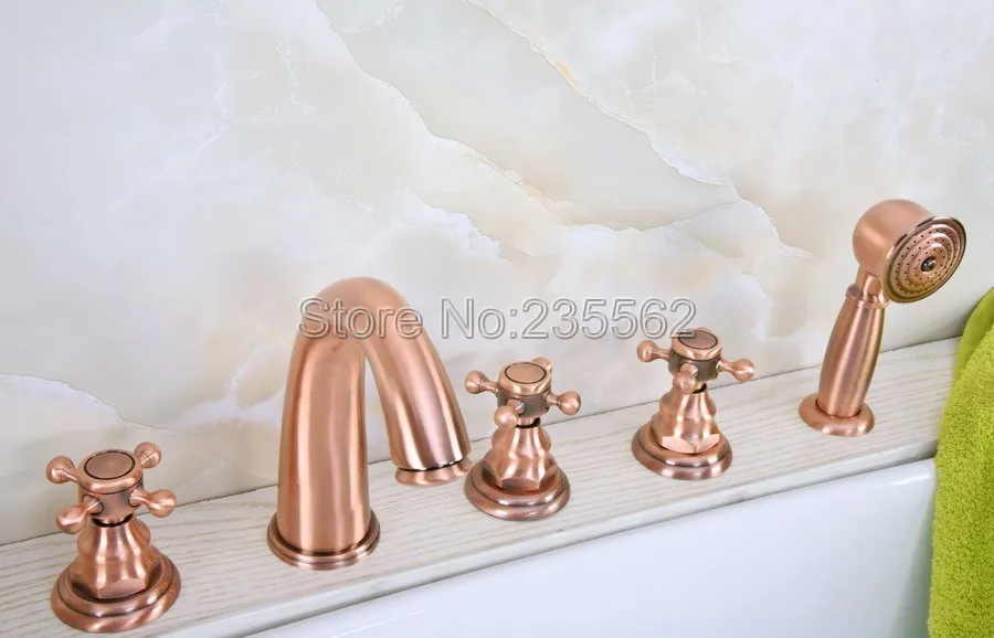 Antique Red Copper Widespread Roman Bath Tub Sink Faucet 5 hole basin faucet lna239