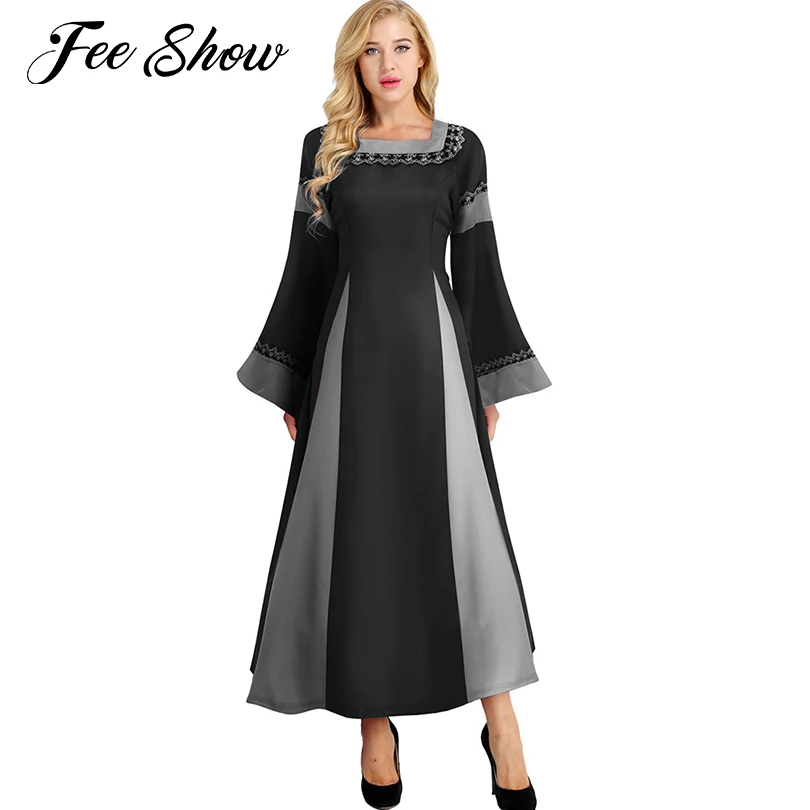 Women Medieval A line Dress Halloween Cosplay Costumes Lace Up Long