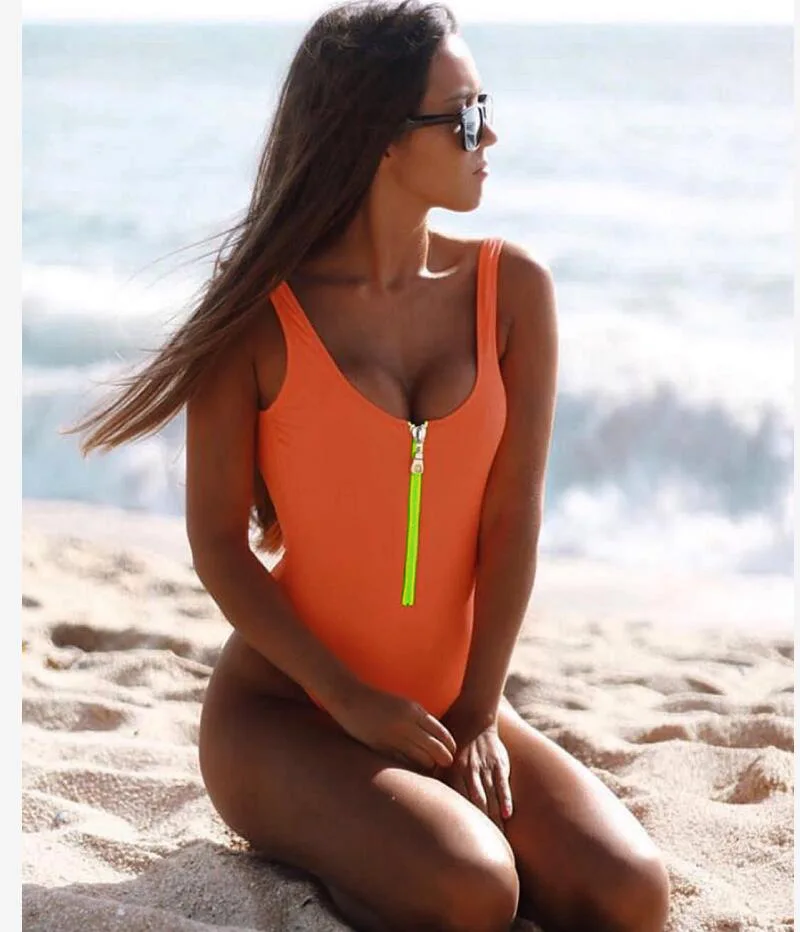 

2019 Summer Zipper One-Piece Swimsuit One Piece Swimwear Women Zipper Swimsuit High Cut Monokini Thong Maillot Swim Wear