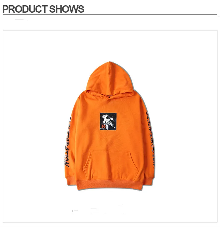 Fashion Chic Mens Hoodies And Sweatshirts Hip Hop Astronaut Print Orange Skateboard Sweatshirt High Street Harajuku Hoodie Men