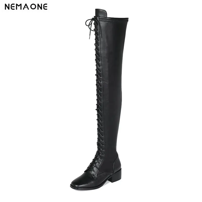 

2019 New lace up Night Club Shoes Woman square Toe Low Heels Women Over The Knee Boots Genuine Leather Party Shoes