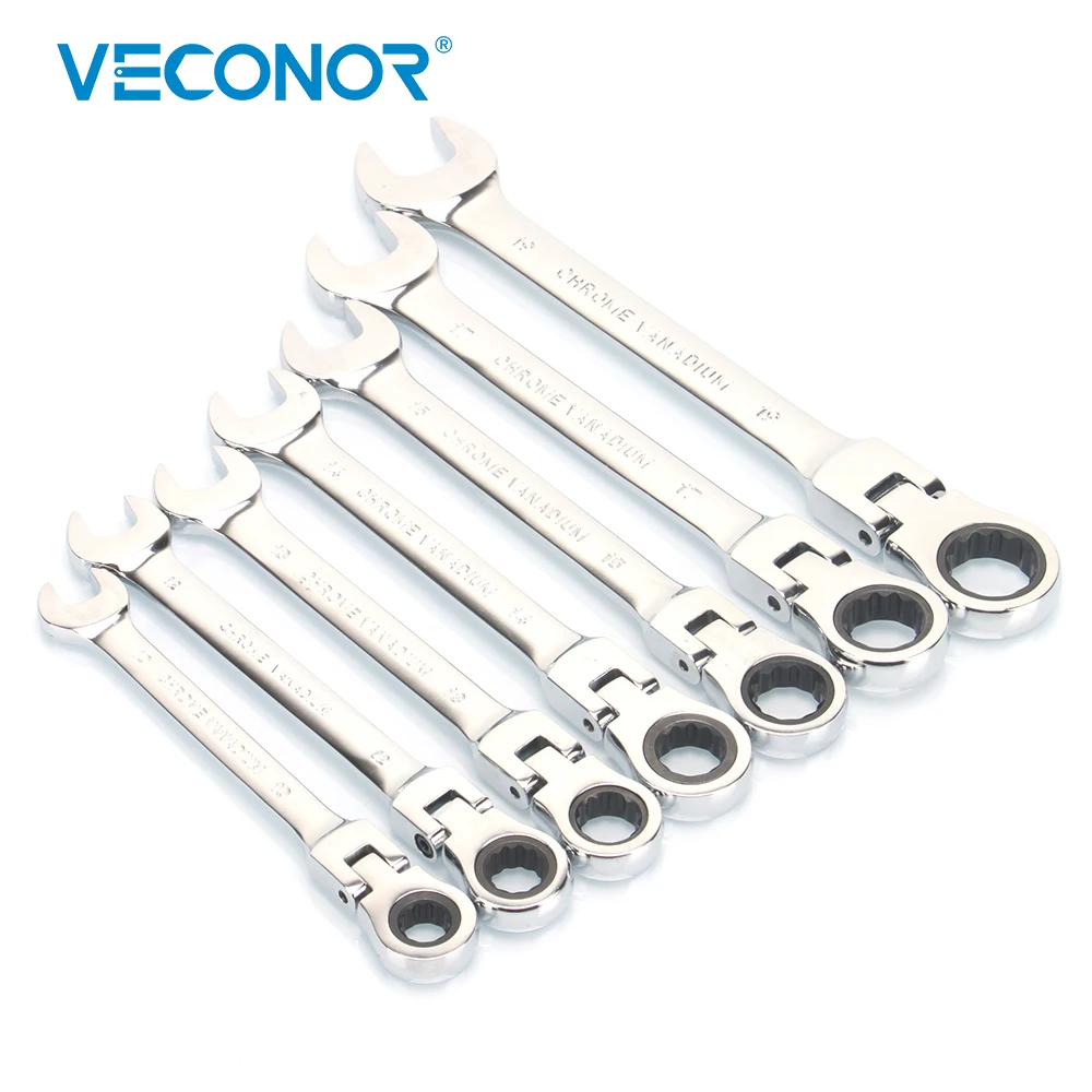 VECONOR 7 pieces flexible head ratchet combination wrench kit gear key wrench spanner full polished 10, 12, 13, 14, 15, 17, 19mm