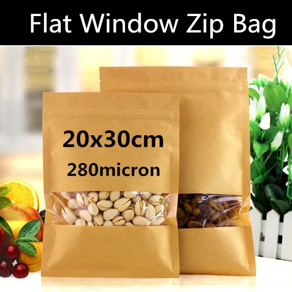 50pcs 20cm*30cm Large Kraft Paper Window Zip Lock Bag Dry Food/Nuts