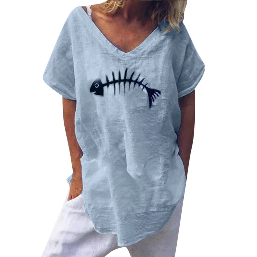 

Casual large size women's shirt personalized fish bone print loose short-sleeved shirt funny fashion summer ladies new tops#D10