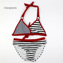 Новая модель, купальник из двух частей для девочек от 6 до 14 лет, черно-белый полосатый купальник, одежда для купания детский купальный костюм