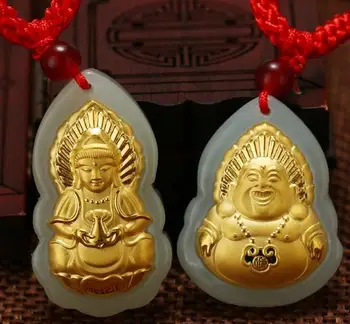 

Hetian jade 4D hard gold foot gold inlay and Tianyu Guanyin Buddha pendantH25#