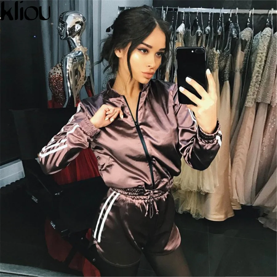 Jo Kalin 2017 Nova Pista Mulheres Primavera Outono 2 Peça Conjunto de Roupas Senhoras Casuais Trackusit de Cetim Terno do Lazer Feminino