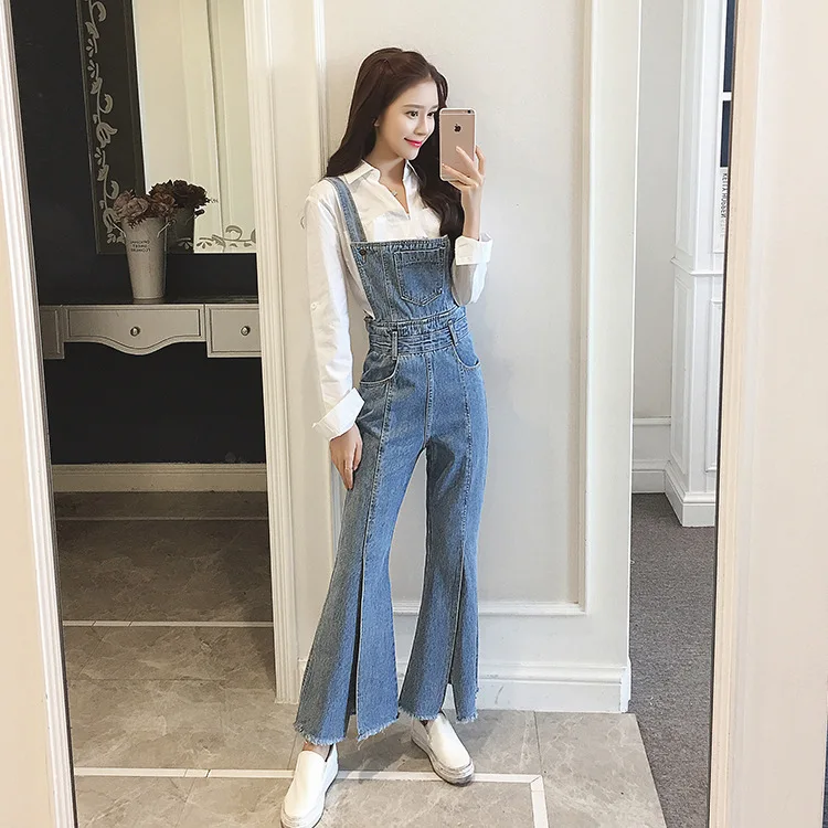 

Spring Loose Casual Jumpsuits for Women 2018 High Waist Denim Romper Ankle - Length Pants Jean Overalls Blue