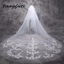 Фаты и Свадебные вуали 5 м собор вуаль длинные невесты Кружево свадебная фата 5 м Фаты и Свадебные вуали с Аппликации Край