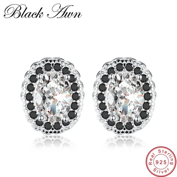

[BLACK AWN] 925 Sterling Silver Jewelry Classic Black Spinel Wedding Earrings for Women Female Earrings Silver 925 Jewelry T136