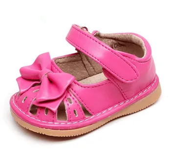 

Hot sale 1-3 years kids girls squeaky shoes handmade bow ribbon half sandals summer nina sapatos fun baby white shoes