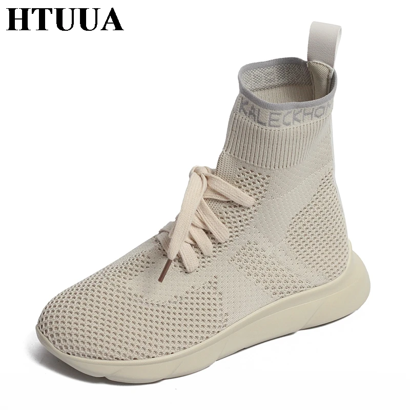 

HTUUA Summer Autumn Breathable Mesh Shoes Women Ankle Boot Elastic Knitted Socks Shoes Woman Sneakers Casual Socks Boots SX1499