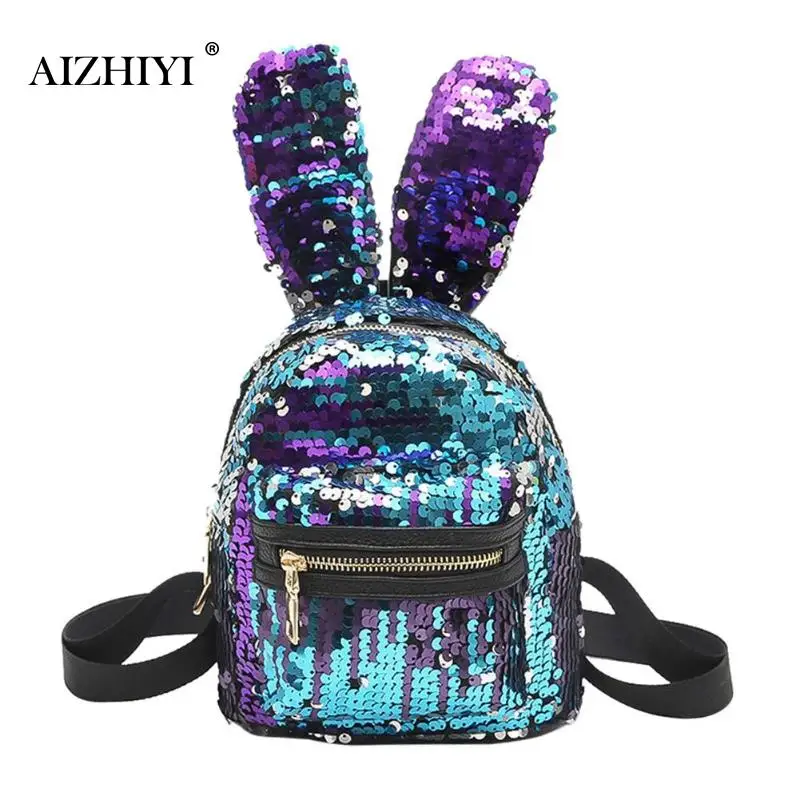 

Mini Children Girls Sequins Backpack Mochila Feminina Bling Cute Big Rabbit Ears Double Shoulder Bag Travel Backpack Escolar