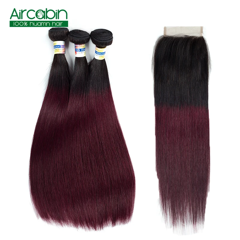 

Pre-Colored Straight Hair 3 Bundles with Closure 1B/99J Peruvian Hair Lace Closure with Bundles Non Remy Extensions AirCabin