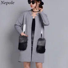 Neploe, вязаный женский кардиган с меховым карманом, Повседневный, свободный, модный, с принтом, элегантный, открытый, Стич,, осень, зима, новинка, свитер 69144