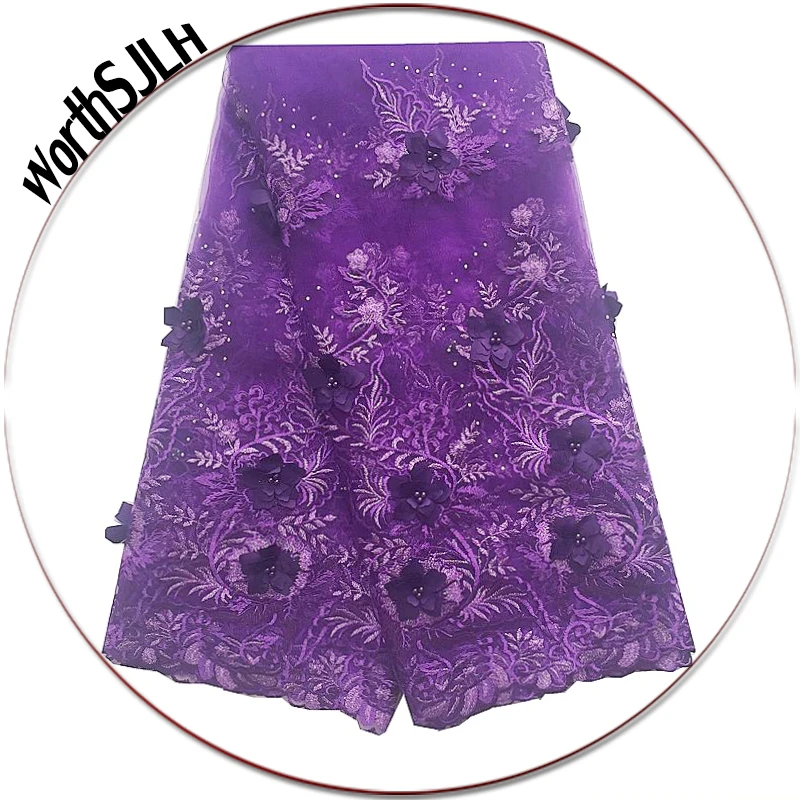 

New Arrival Nigerian Lace Fabric 2018 High Quality Lace Fushia Pink Latest African 3D Lace Fabric Wedding Purple Lace Fabric