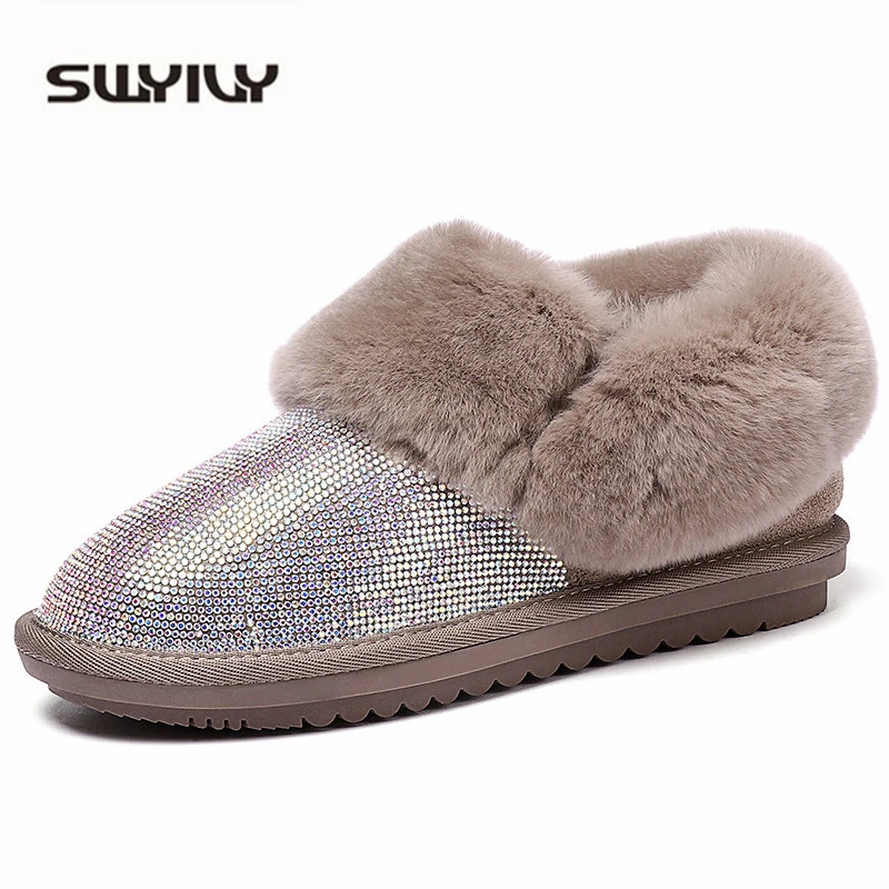 

SWYIVY Winter Warm Shoes Women Flat 2019 Plush Velvet Ankle Boots Crystal Luxury Snow Boots Female Genuine Leather Shoes Women