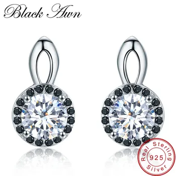 

[BLACK AWN] 100% 925 Sterling Silver Charm Jewelry Black Spinel Stone Cute Engagement Stud Earrings for Women T130