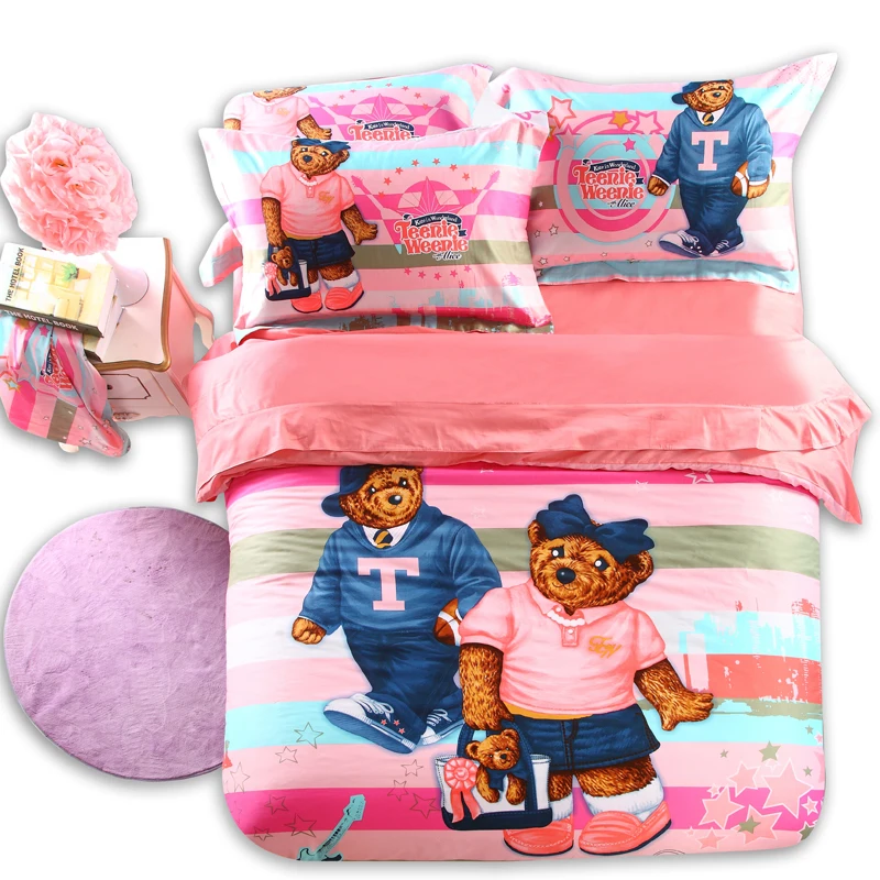 Good quailty kids teddy bear stripe bedding set king queen size quilt
