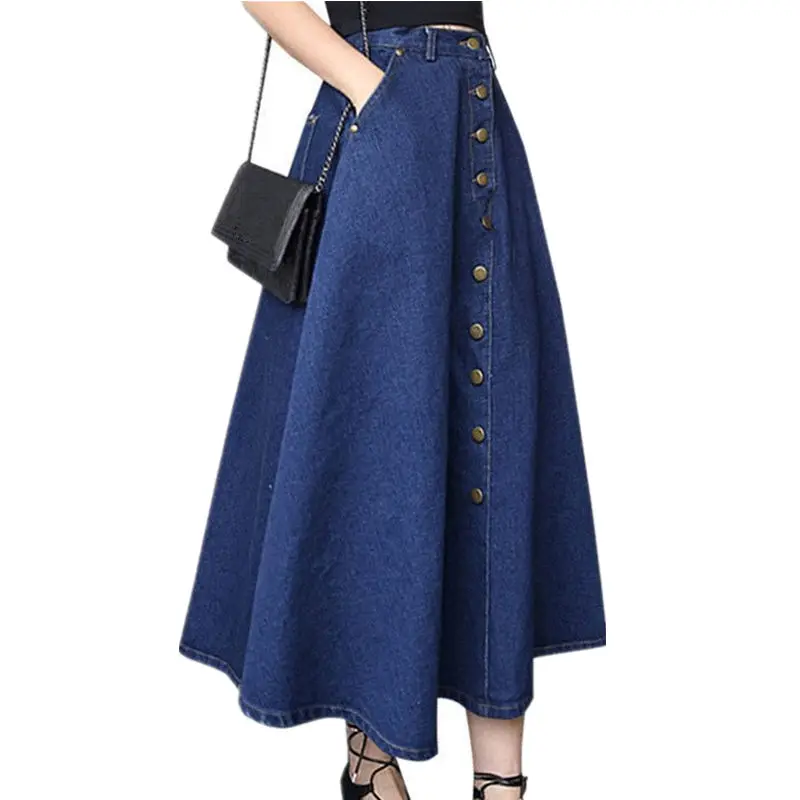 

Denim Long Skirts Womens Summer Vintage High Waist A-Line Skirt Female Single-breasted Faldas Streetwear Maxi Denim Skirts Q1414