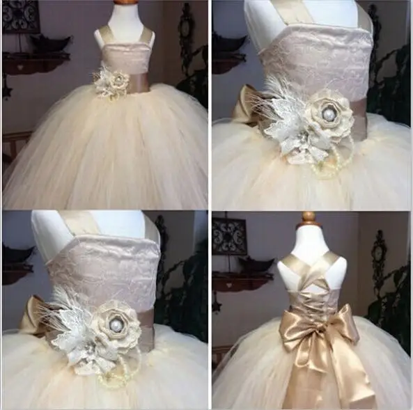 

2016 Vintage Lace Rustic Champagne Color Spaghetti Straps Fluffy Tulle Ball Gown Flower Girl Dresses For Weddings Evening Party