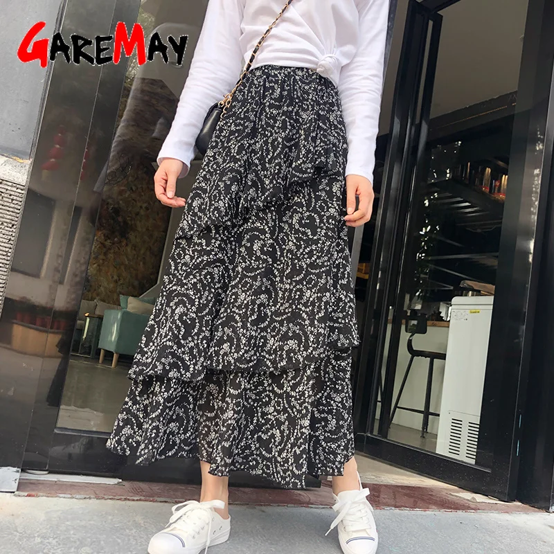 

High Waisted Summer Women's Skirts Midi White Vintage Causual Polka Dot Skirt Chiffon Ruffle Pleated Midi Skirt 2019