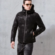 Мужская Роскошная короткая шерстяная куртка из натуральной кожи, натуральная овчина, куртка-бомбер, пилот для мужчин с капюшоном, шапка, черный 4xl