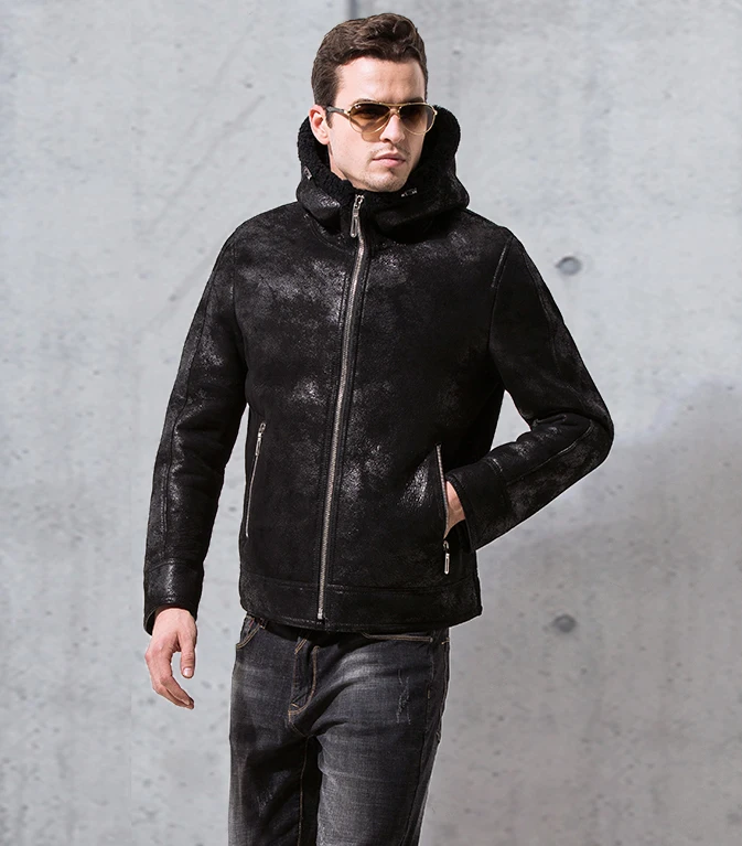 

Men's luxury genuine leather short wool coat natural shearing sheepskin bomber jacket pilot for male with a hood hat black 4xl