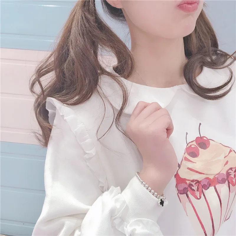 Harajuku стиль Лолита девушки мороженое Принт кукла воротник толстовка с длинным рукавом рюшами Рубашки для женщин небольшой свежий пуловер Толстовка