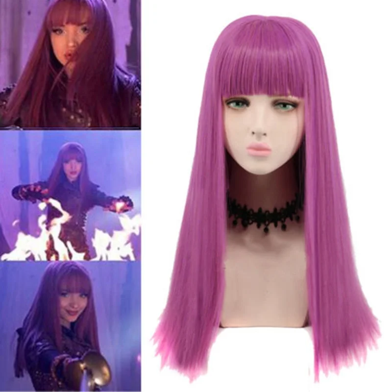 

65cm Descendants 2 Mal Bertha Maleficent Long Live Evil Purple Heat Resistant Synthetic Hair Perucas Cosplay Wig + Wig Cap