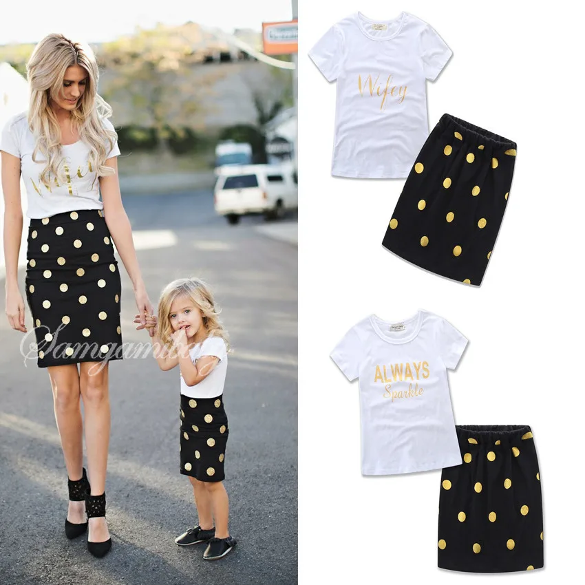 

Hot Selling Fashion Mother Daughter Matching Clothes Sets 2019 Short Sleeves Dot T-shirt Skirts Baby Girl Mother Family Outfit