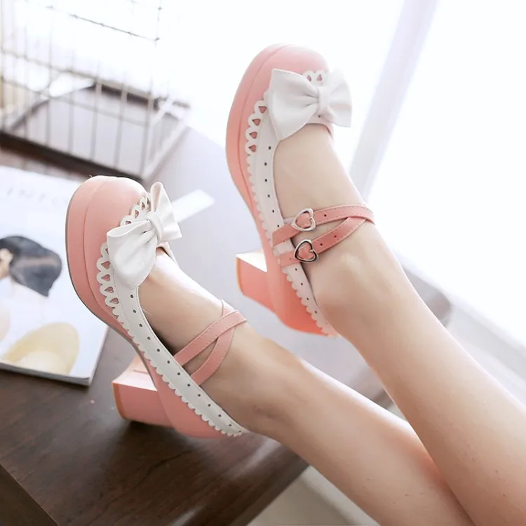 

Sweet Lolita Shoes for Women Round Toe Ankle Strap Cosplay Shoes with Bowknot Female Japanese Shoes Lolita Cosplay Shoes